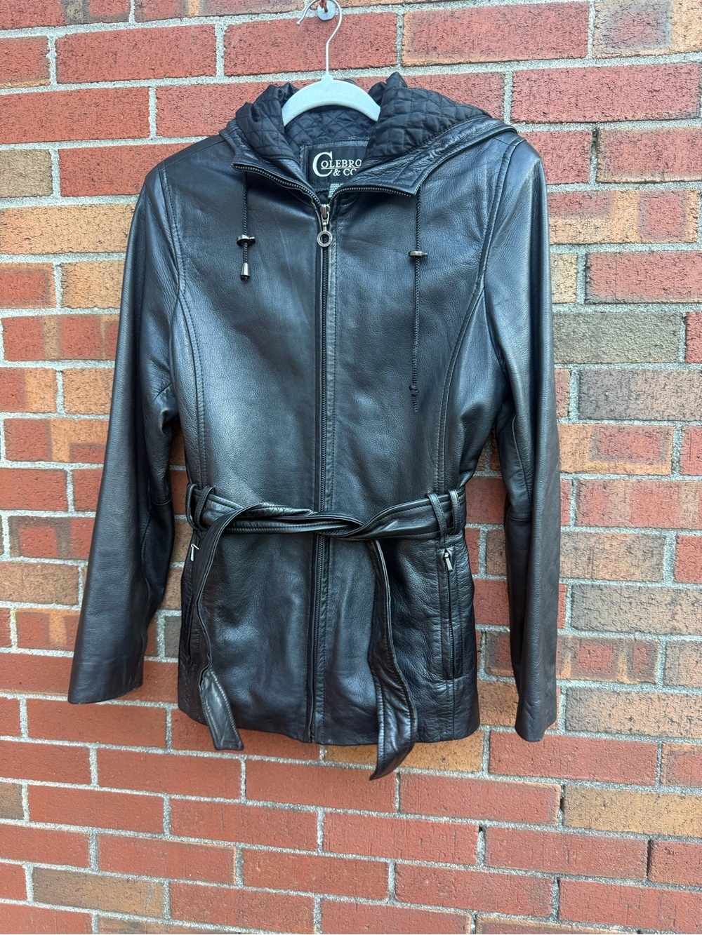 Colebrook & Co Black Genuine Leather Hooded Belted Jacket Women's Small